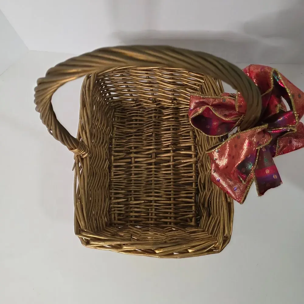 Gold Wicker Gift Basket Red Metallic Bow Christmas Holiday Decor Square